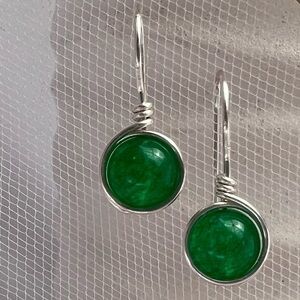 BRIGHT Green Agate and Silver Wire Wrapped Minimalist Earrings